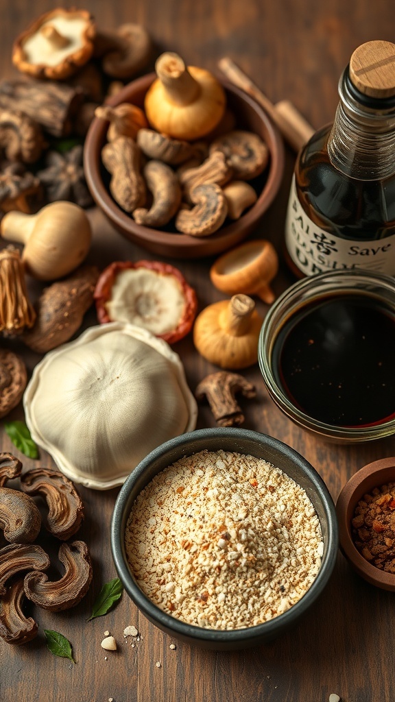 A variety of umami ingredients including mushrooms, soy sauce, and miso paste on a wooden table.